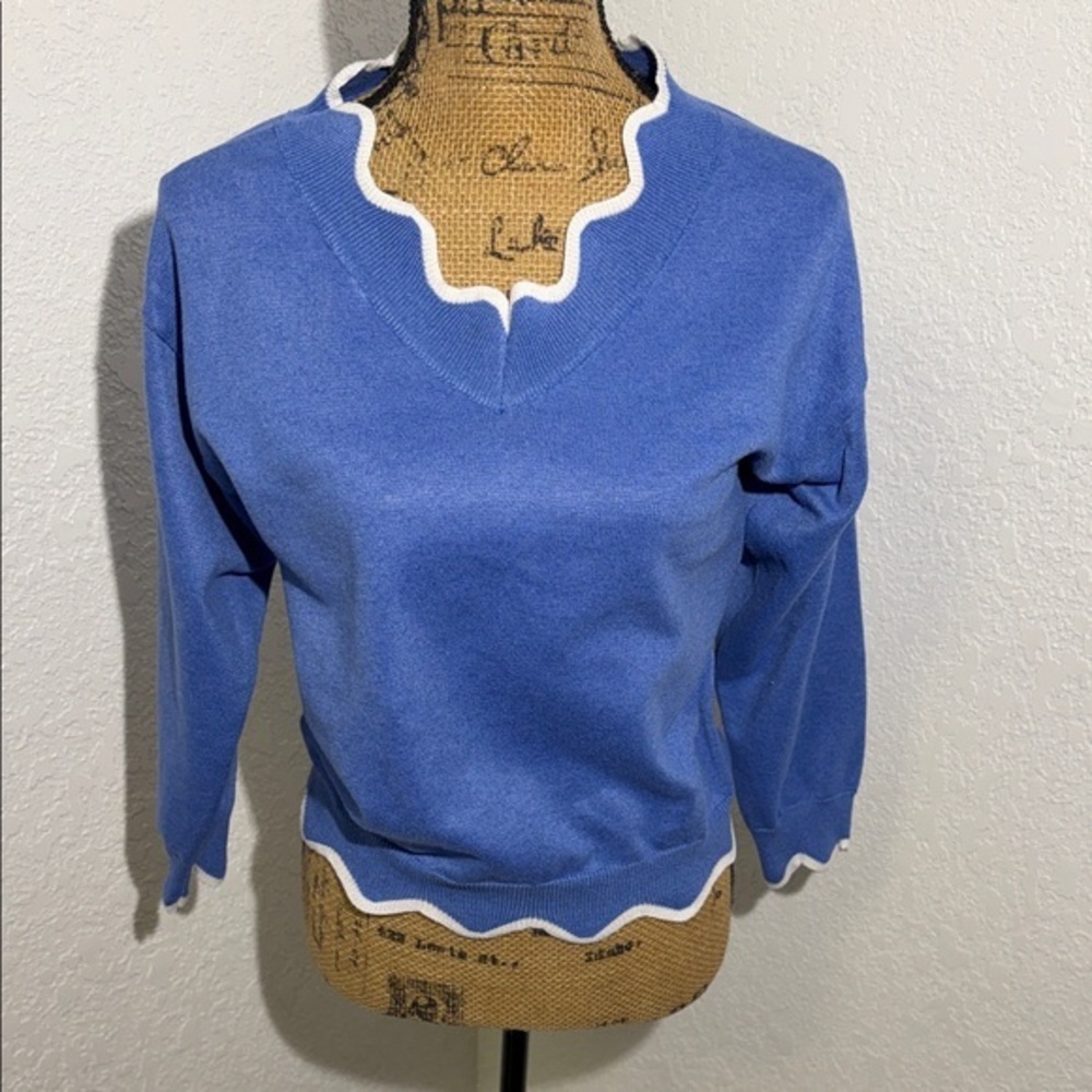 MISSLOOK Blue V-Neck Knitted Wool Sweater with White Trim 3/4 Sleeves